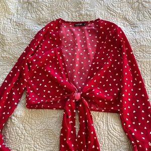 Heart pattern, tie front blouse